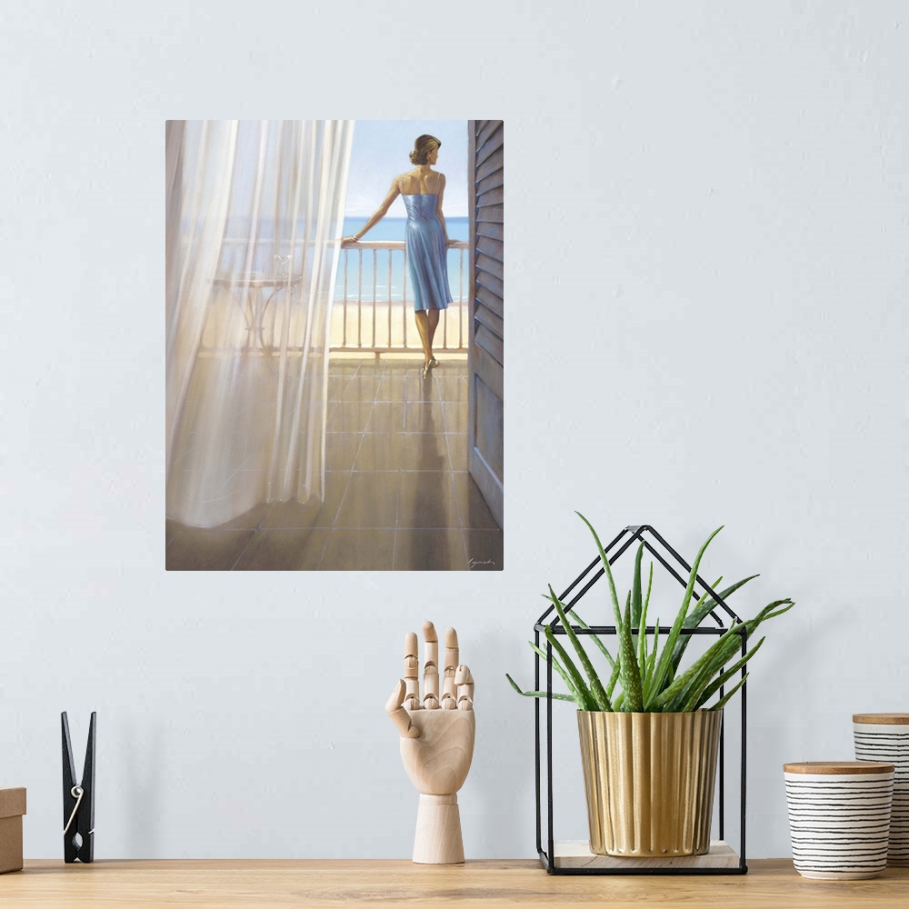 A bohemian room featuring Contemporary painting of woman in a blue dress standing on a balcony overlooking a beach.