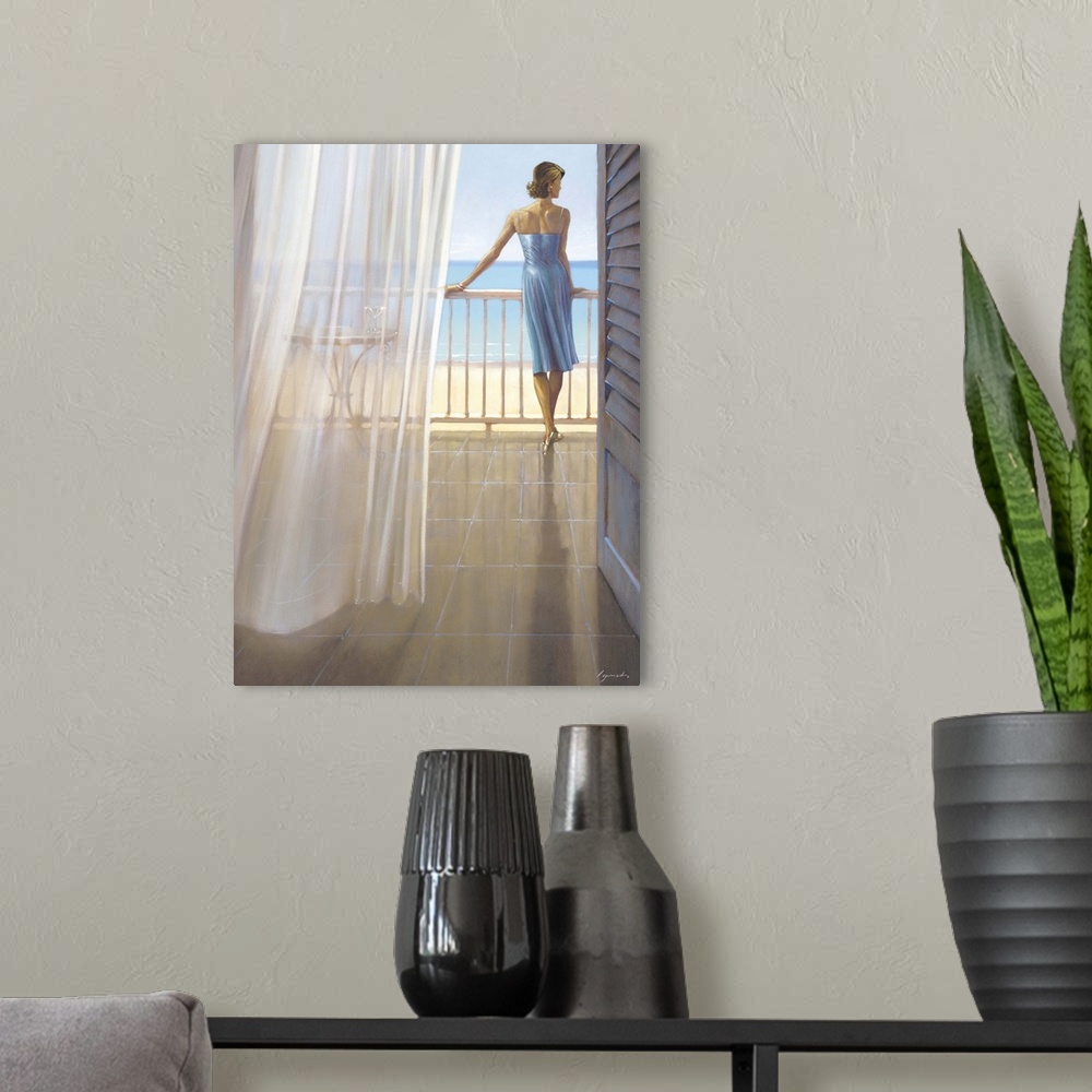 A modern room featuring Contemporary painting of woman in a blue dress standing on a balcony overlooking a beach.