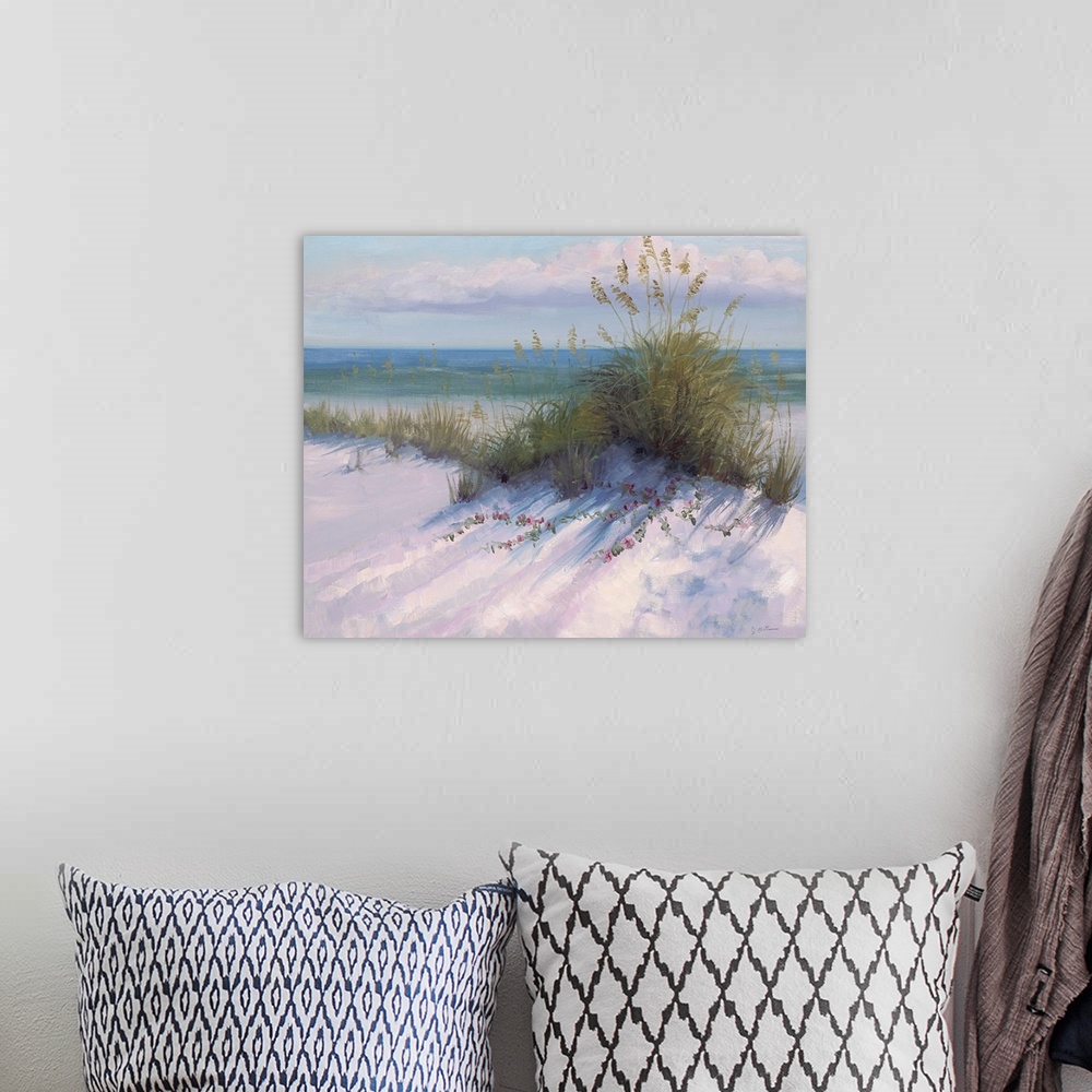A bohemian room featuring Contemporary painting of beach grasses on a dune near the ocean.