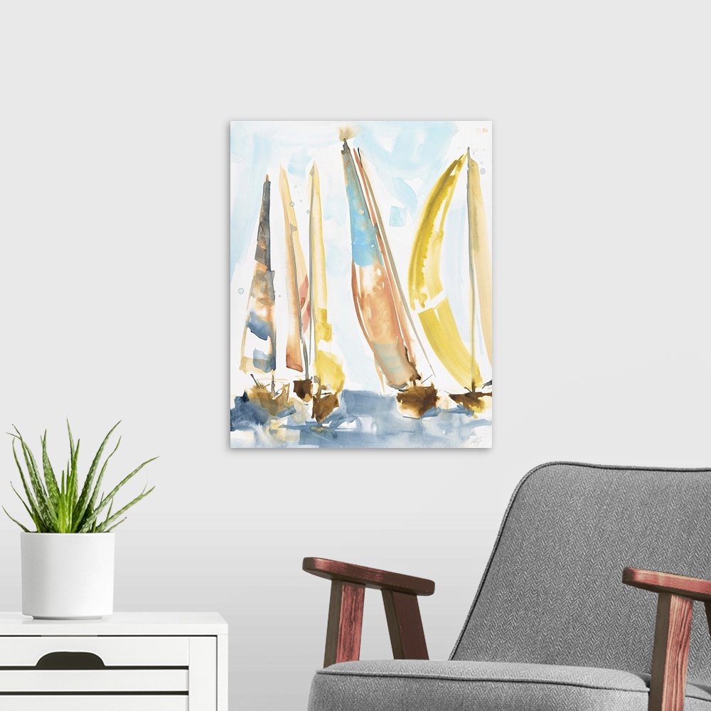 A modern room featuring Watercolor painting of a regatta of sailboats on the water.