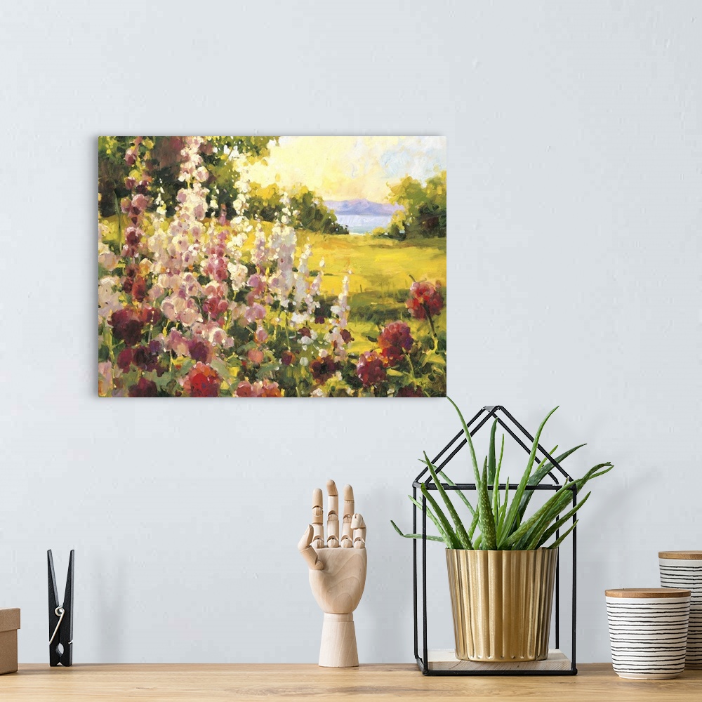 A bohemian room featuring Contemporary painting of a field of wildflowers looking out to an ocean view.