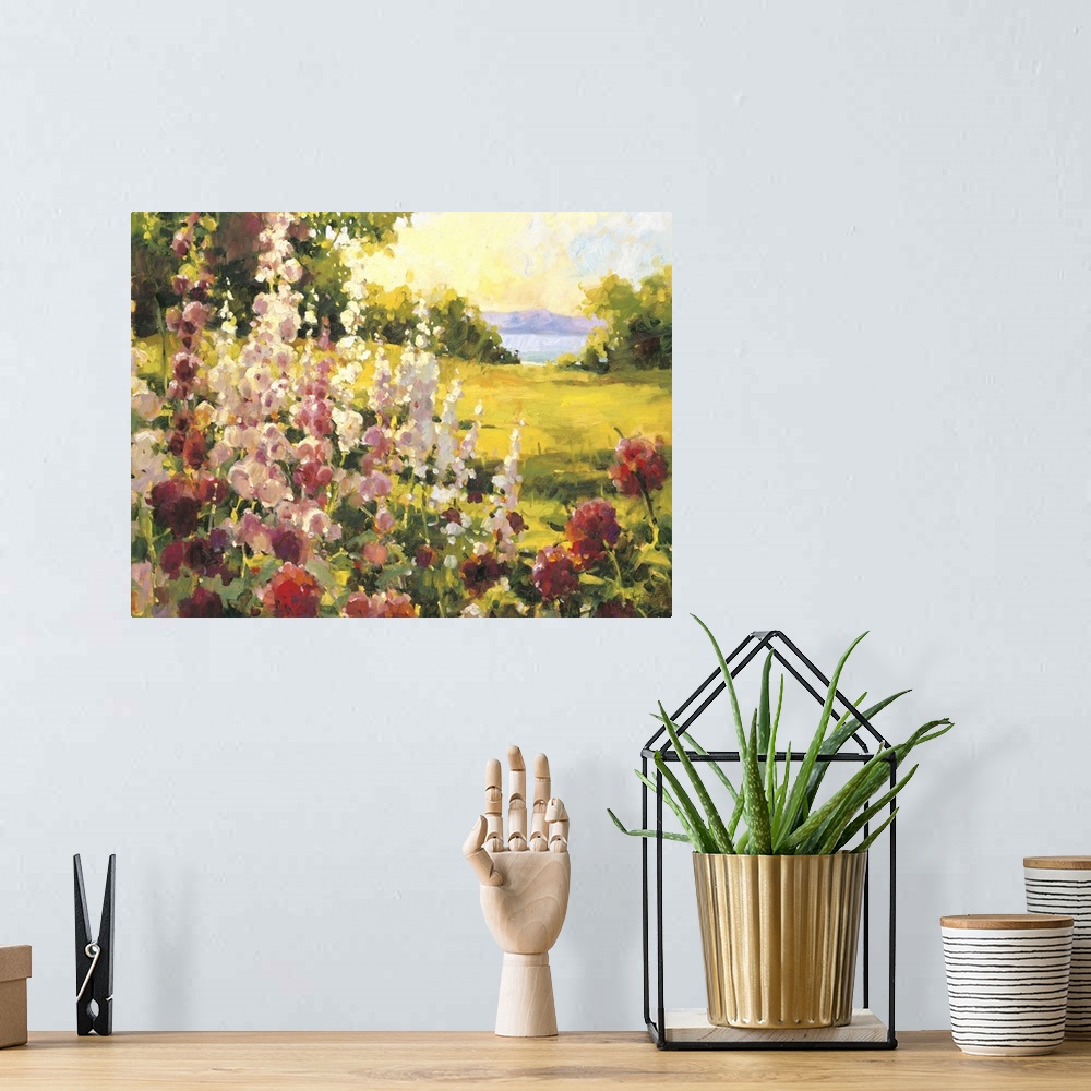 A bohemian room featuring Contemporary painting of a field of wildflowers looking out to an ocean view.
