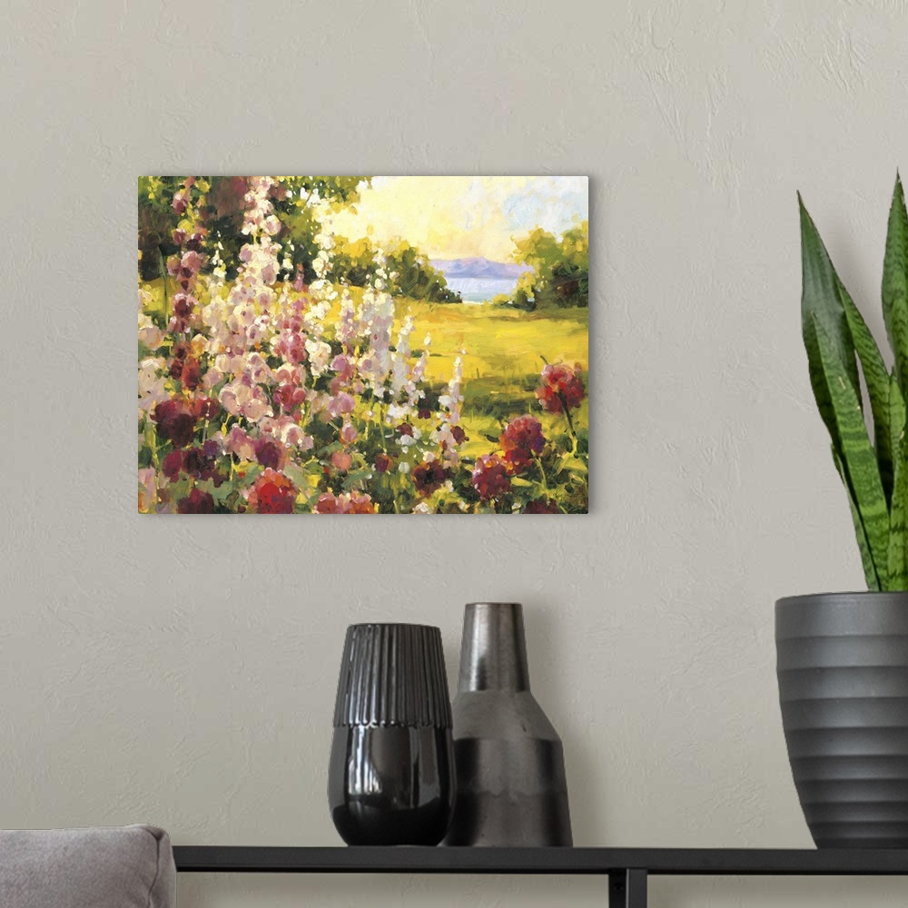 A modern room featuring Contemporary painting of a field of wildflowers looking out to an ocean view.