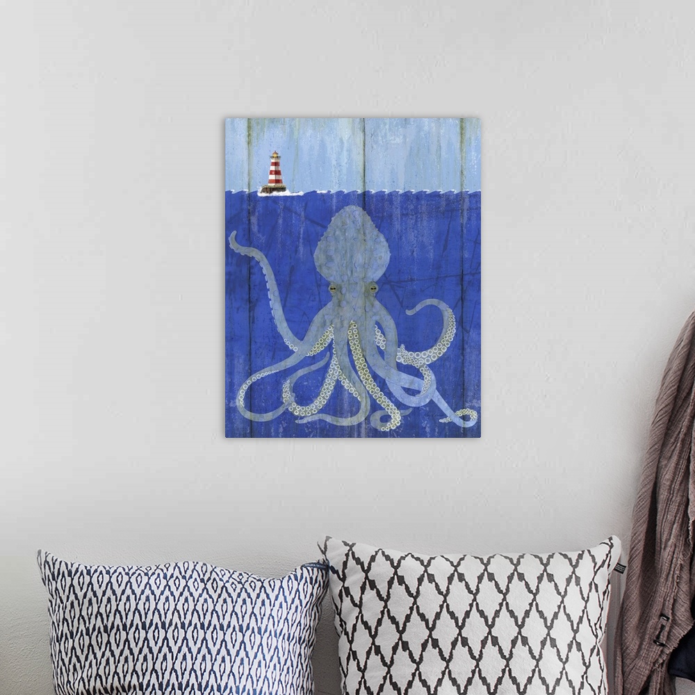 A bohemian room featuring Contemporary nautical painting of a cross section of an ocean scene with a giant octopus below th...