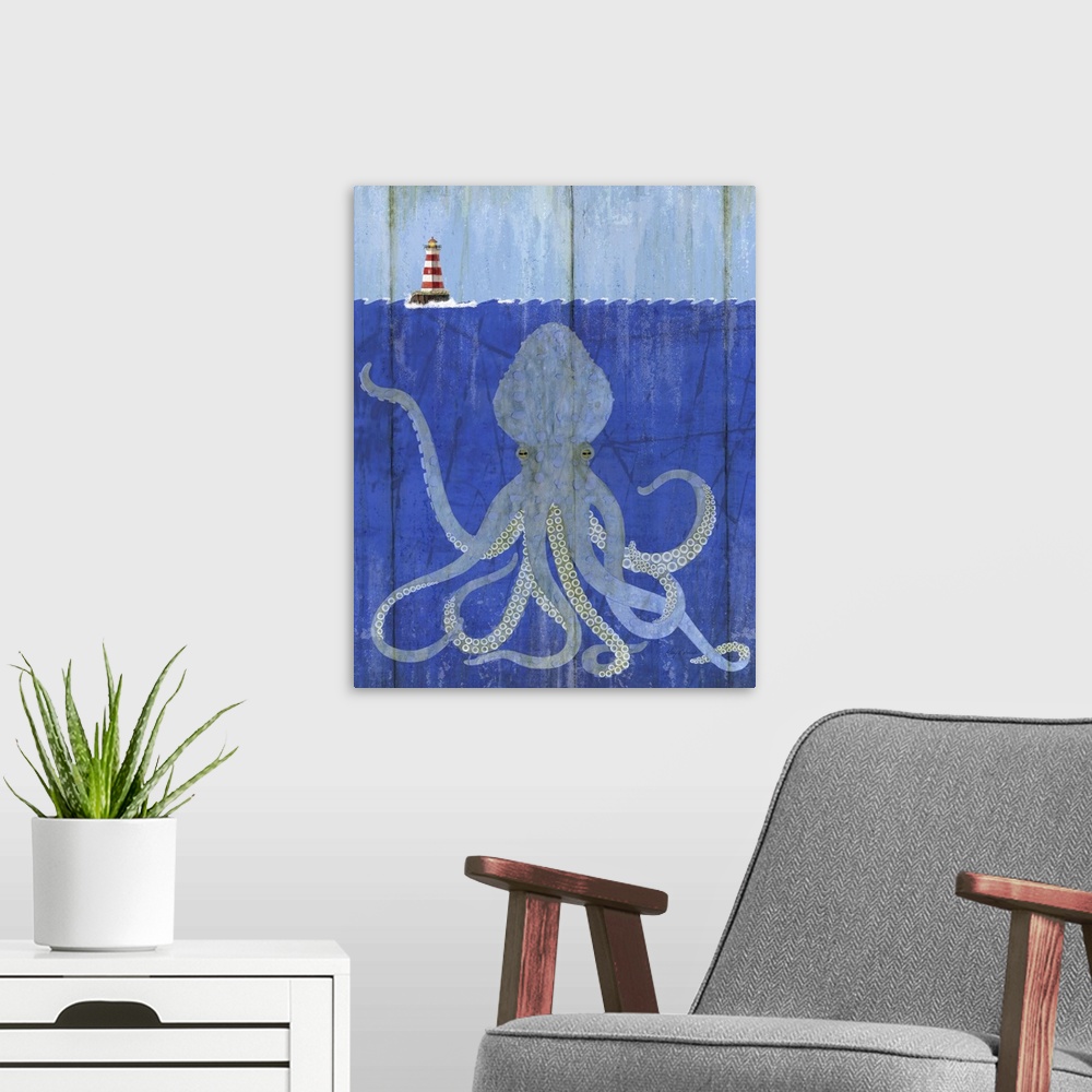 A modern room featuring Contemporary nautical painting of a cross section of an ocean scene with a giant octopus below th...