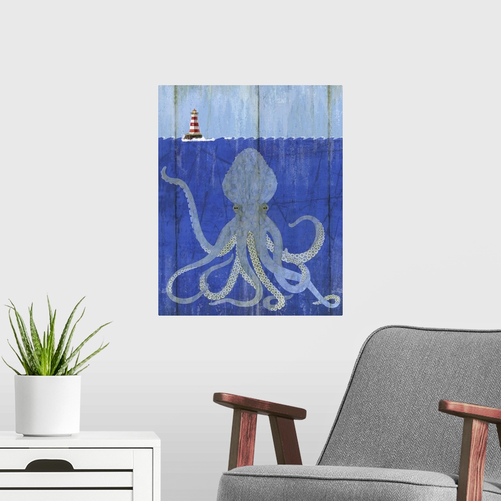 A modern room featuring Contemporary nautical painting of a cross section of an ocean scene with a giant octopus below th...