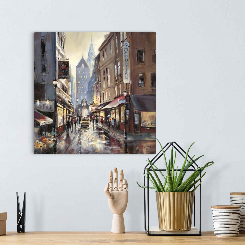 A bohemian room featuring Contemporary painting of a city street lined with cars and people vanishing into a jungle of skys...
