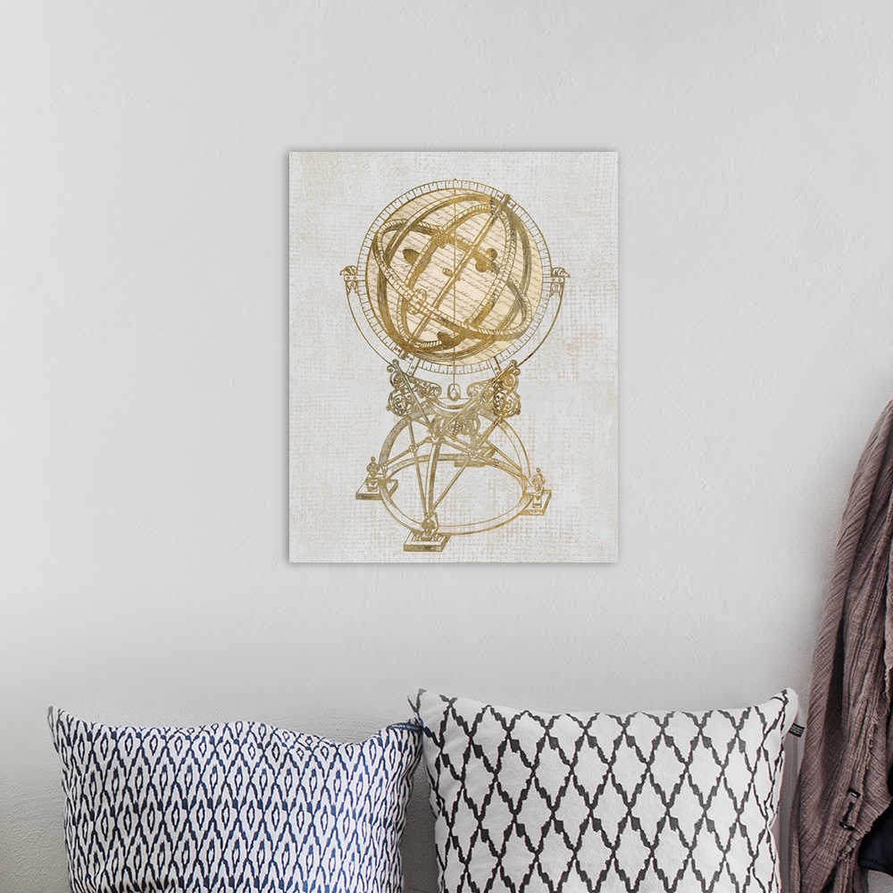 A bohemian room featuring Artwork of an antique old world globe, against a neutral background.