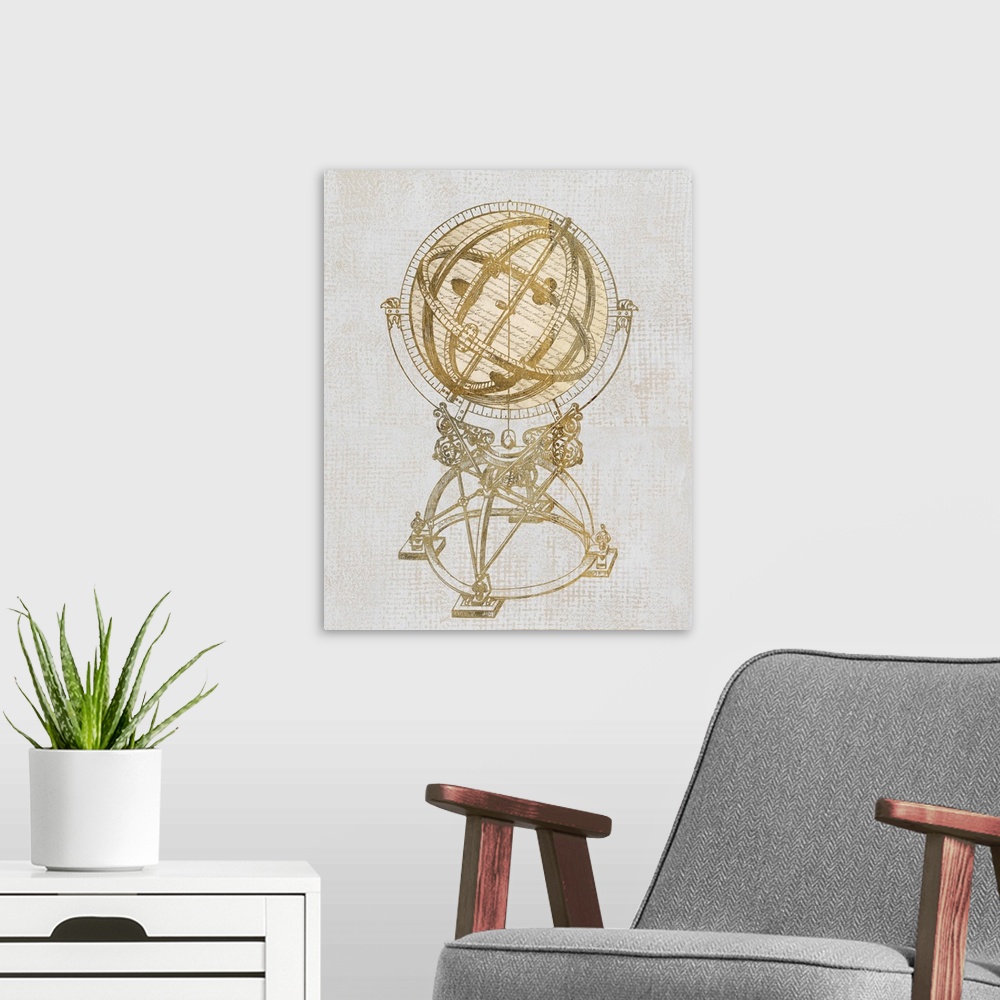 A modern room featuring Artwork of an antique old world globe, against a neutral background.
