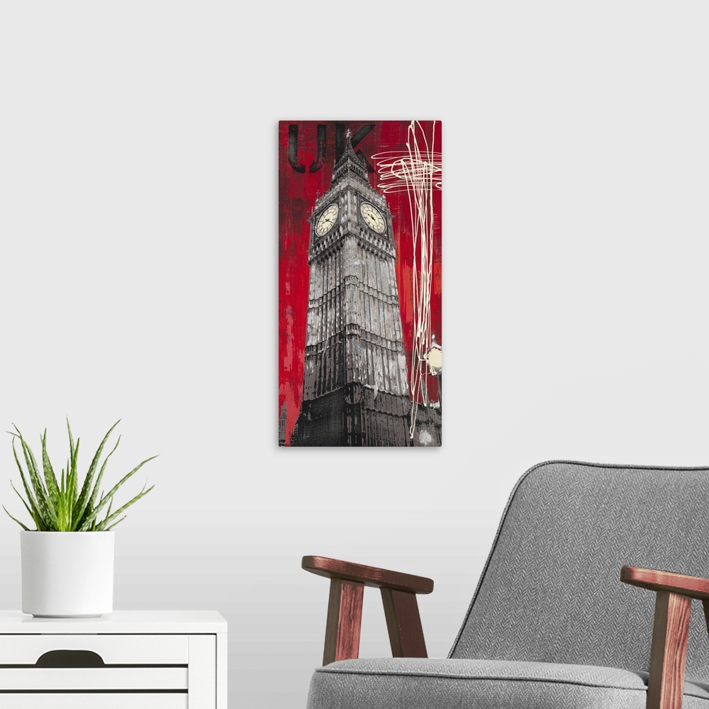 A modern room featuring Urban grunge inspired travel art with English theme.