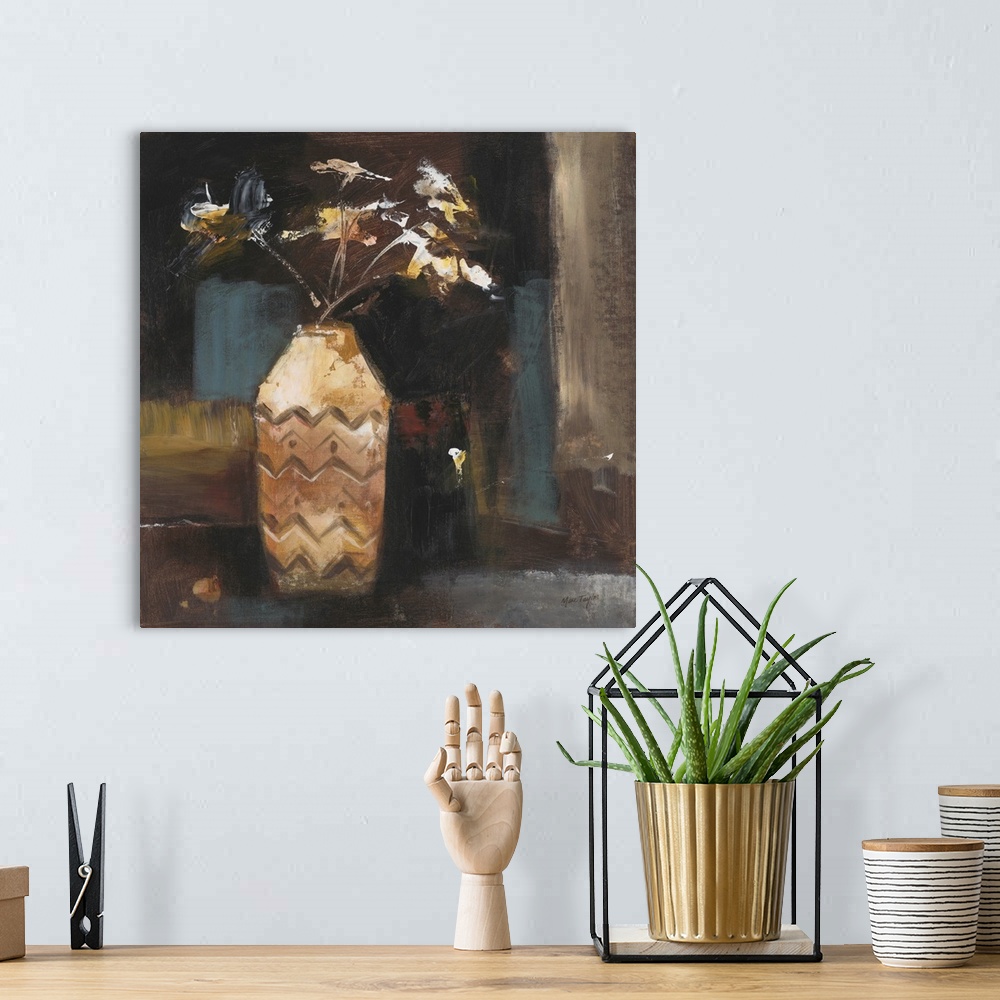 A bohemian room featuring Contemporary painting of flowers in a patterned decorative vase.