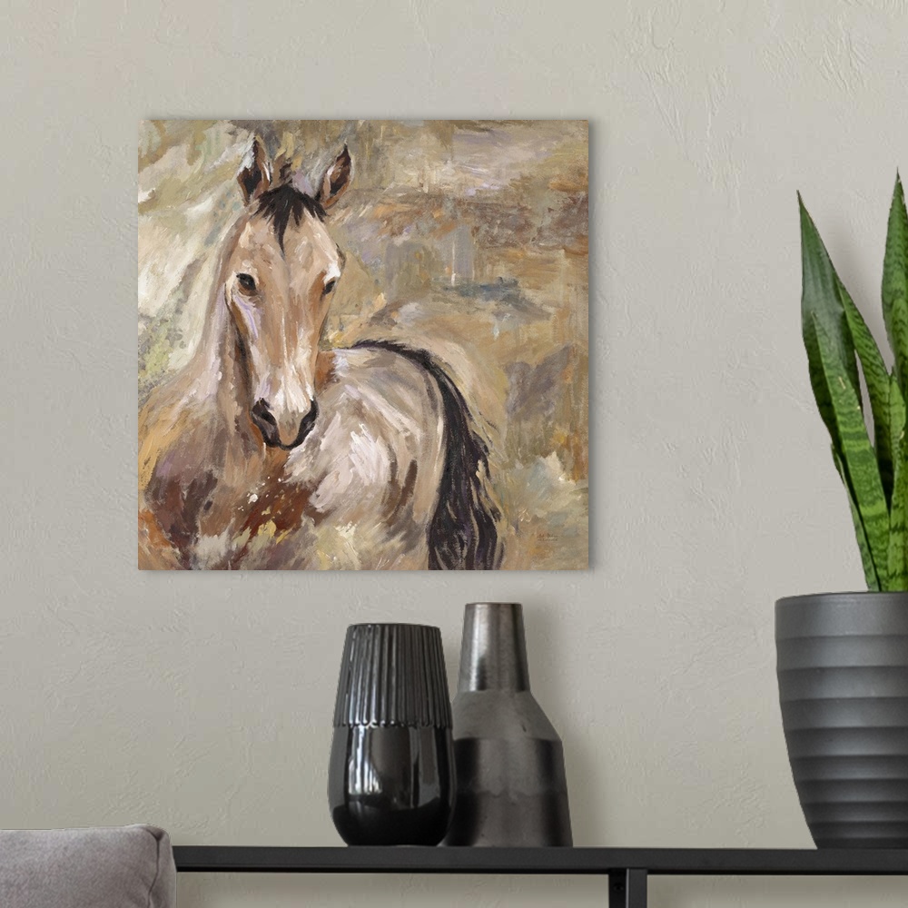A modern room featuring Home decor artwork of a lone brown horse against a brown background.