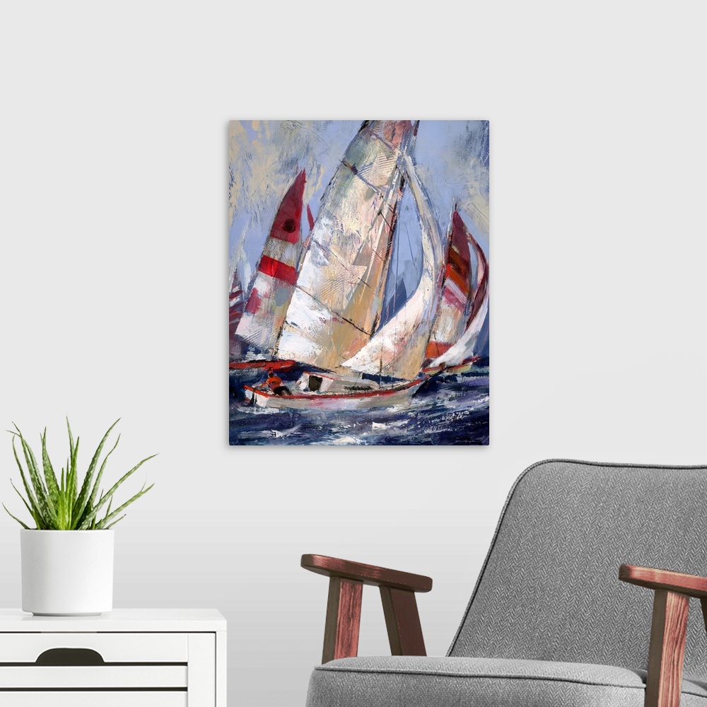 A modern room featuring Contemporary painting of sailboats with red white sails in a choppy ocean.