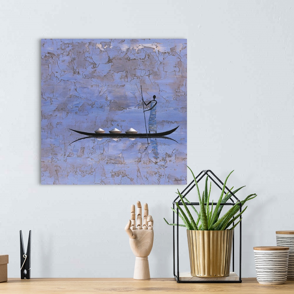 A bohemian room featuring Contemporary painting of a tribal figure standing on a boat casting a reflection in the water.