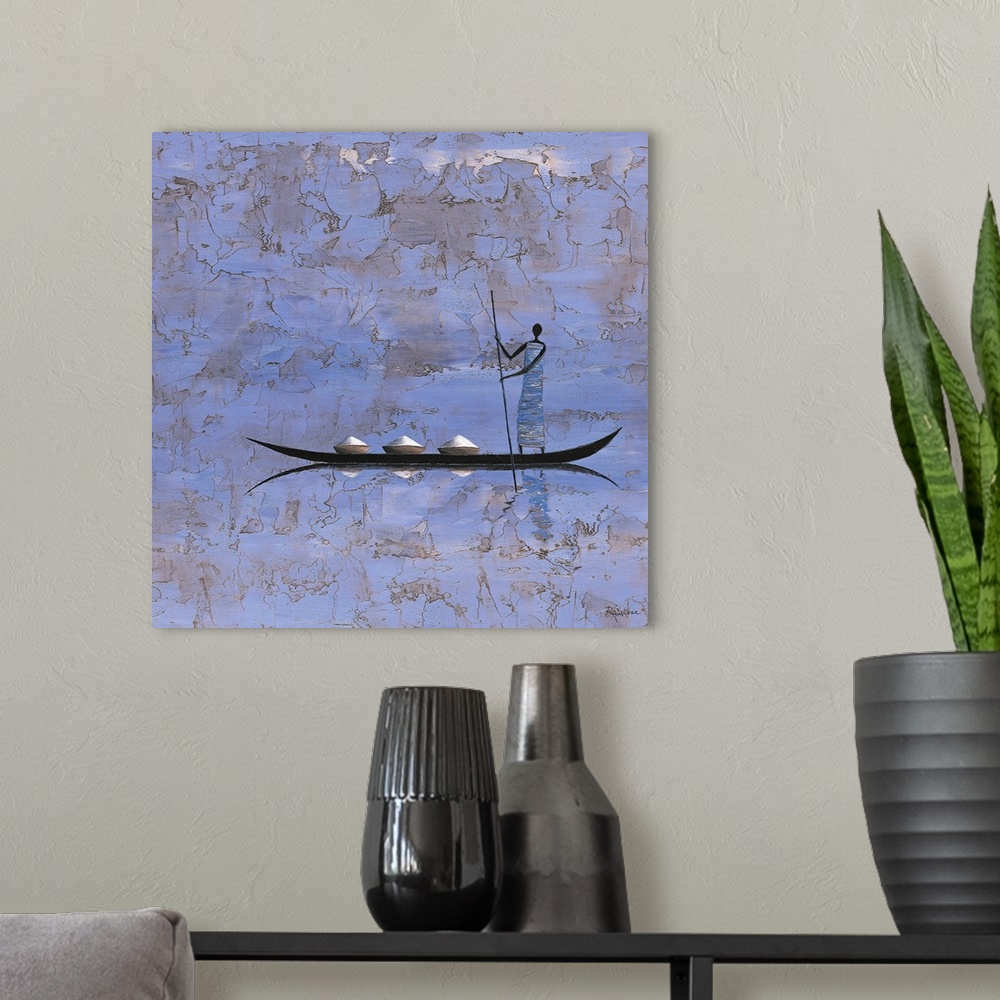 A modern room featuring Contemporary painting of a tribal figure standing on a boat casting a reflection in the water.