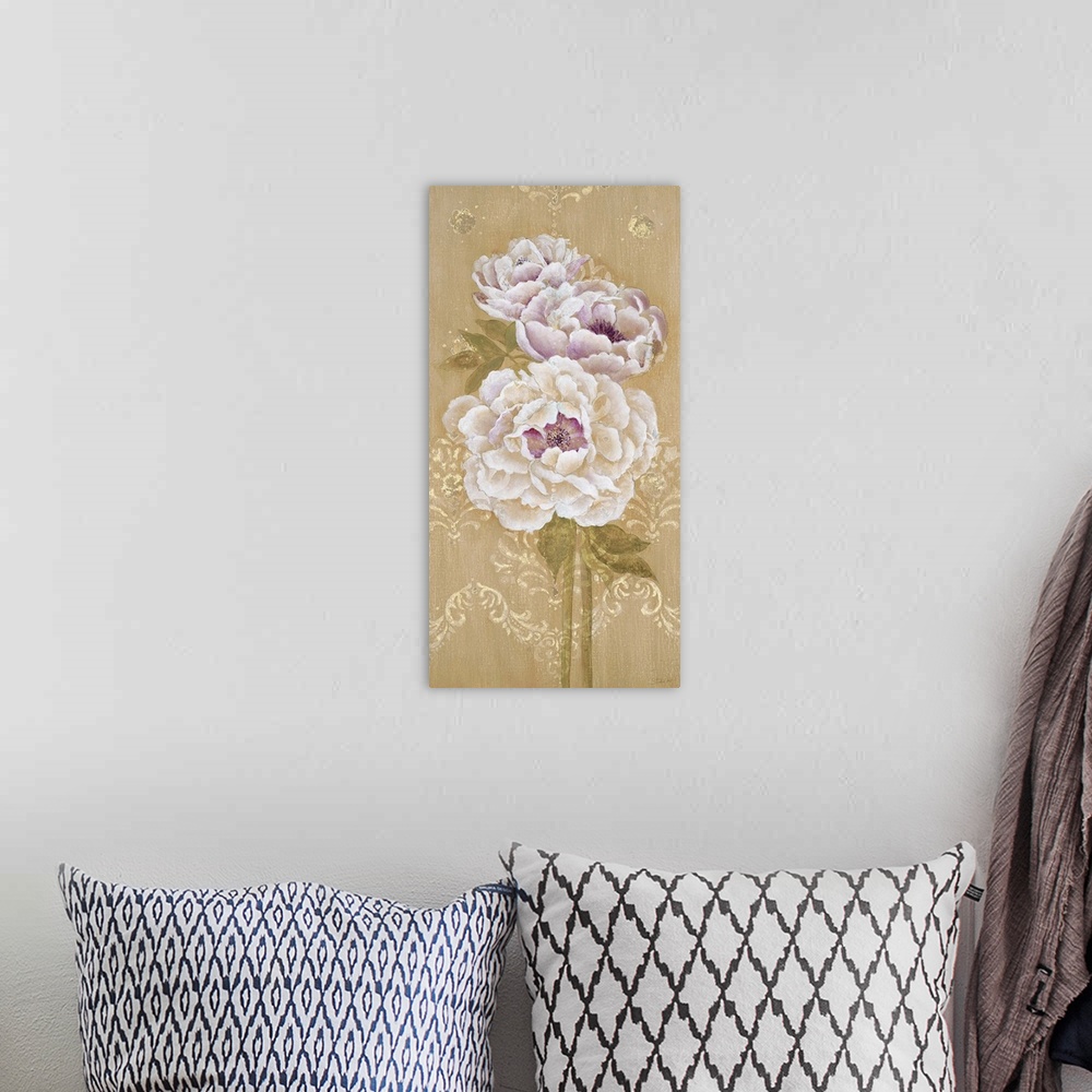 A bohemian room featuring Vintage illustration of white flowers with gold embellishments.