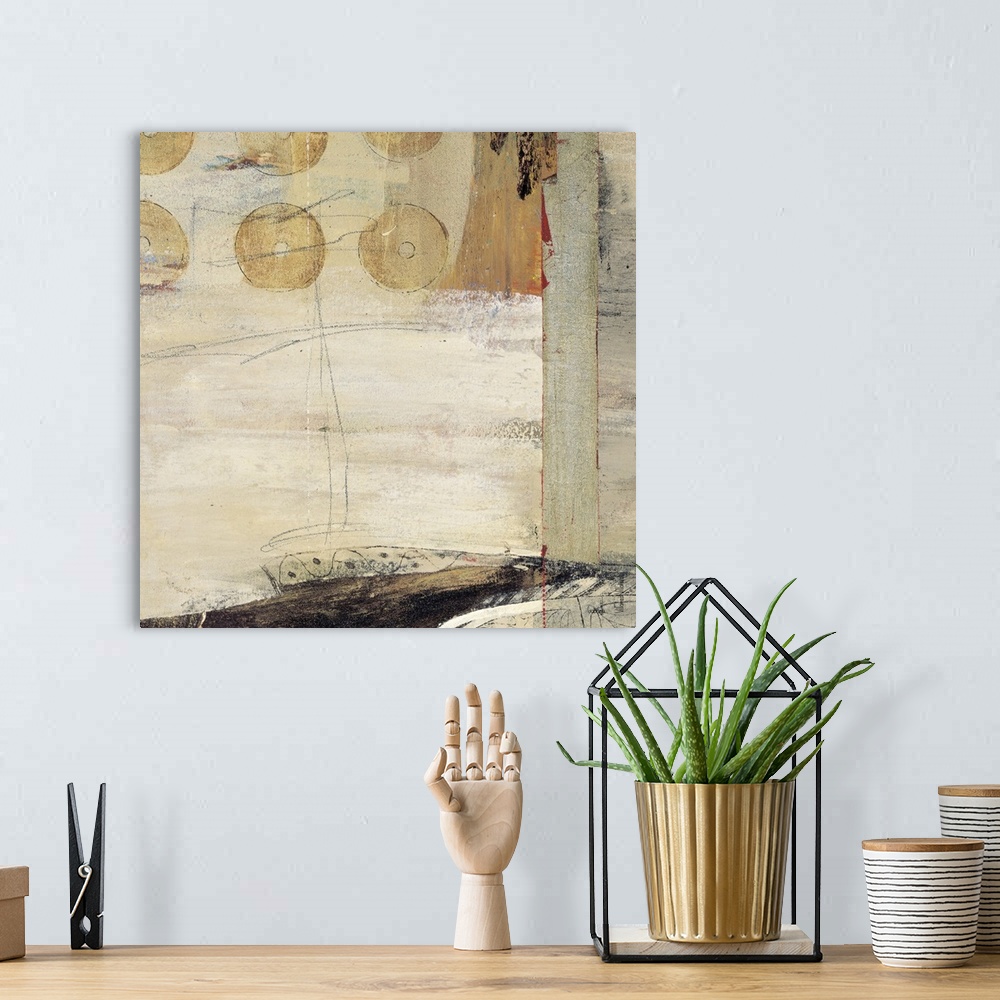 A bohemian room featuring Contemporary abstract artwork using pale earthy tones and textures.