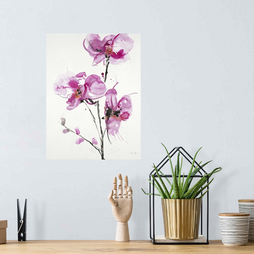 A bohemian room featuring Contemporary artwork of watercolor painted pink orchids.