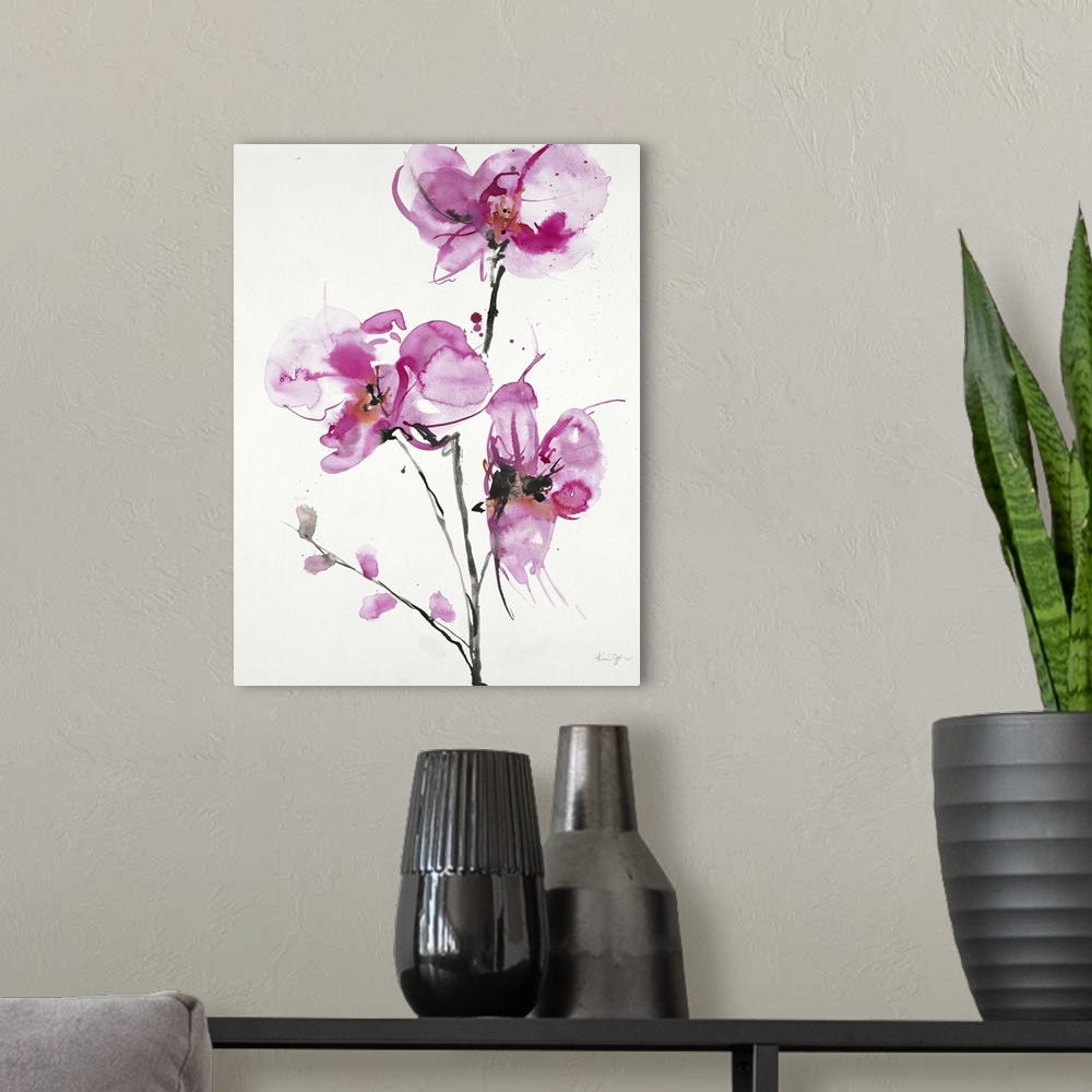 A modern room featuring Contemporary artwork of watercolor painted pink orchids.