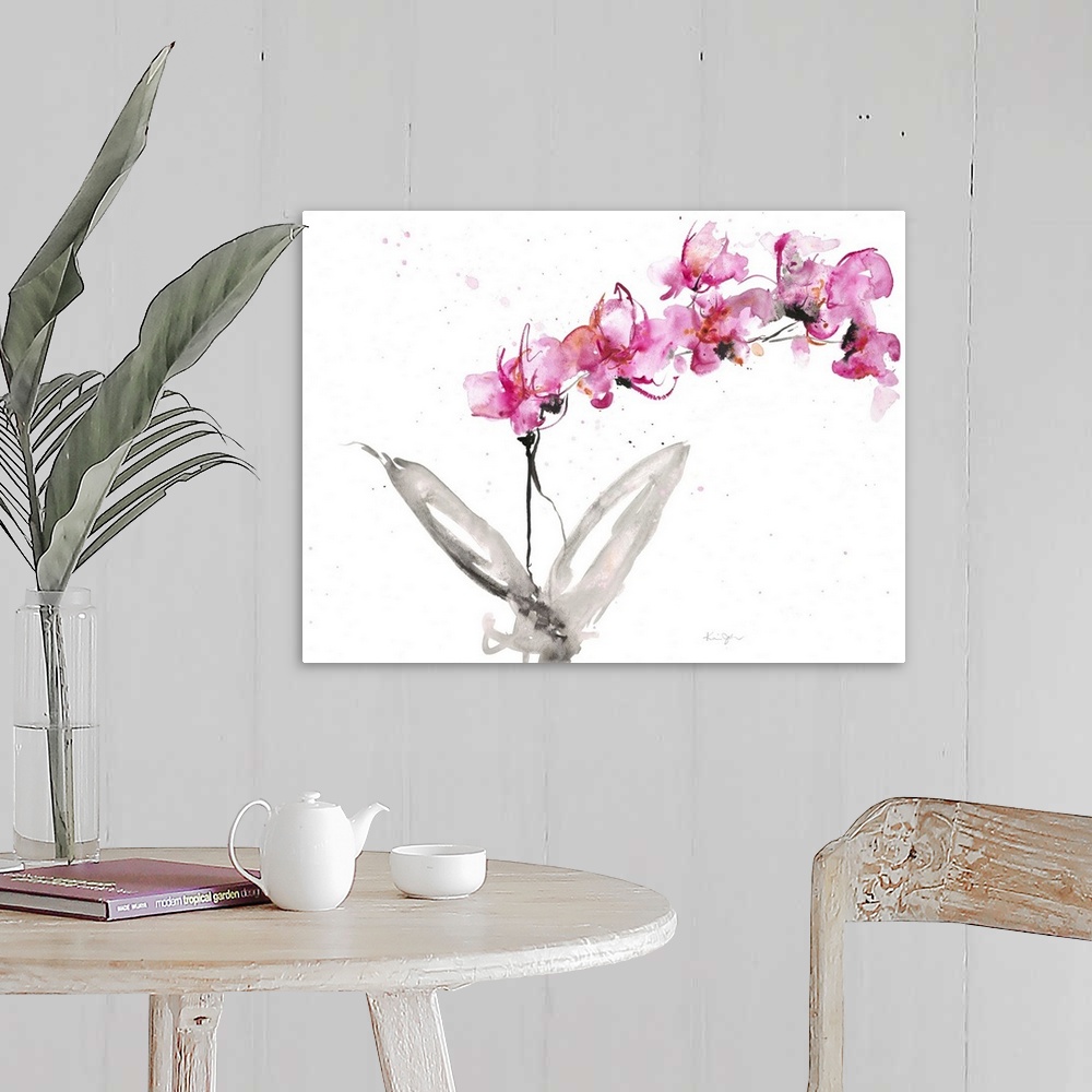 A farmhouse room featuring Contemporary artwork of watercolor painted pink orchids.