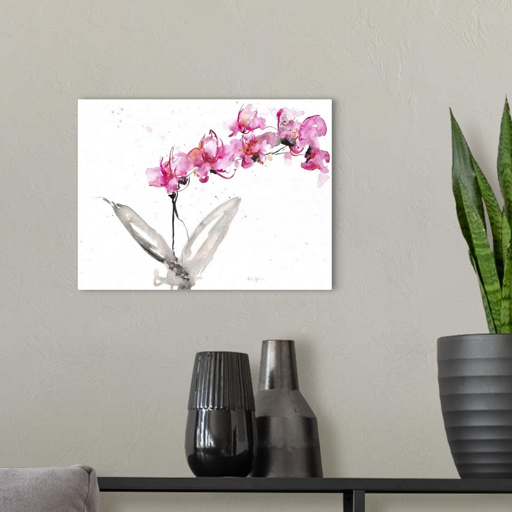 A modern room featuring Contemporary artwork of watercolor painted pink orchids.