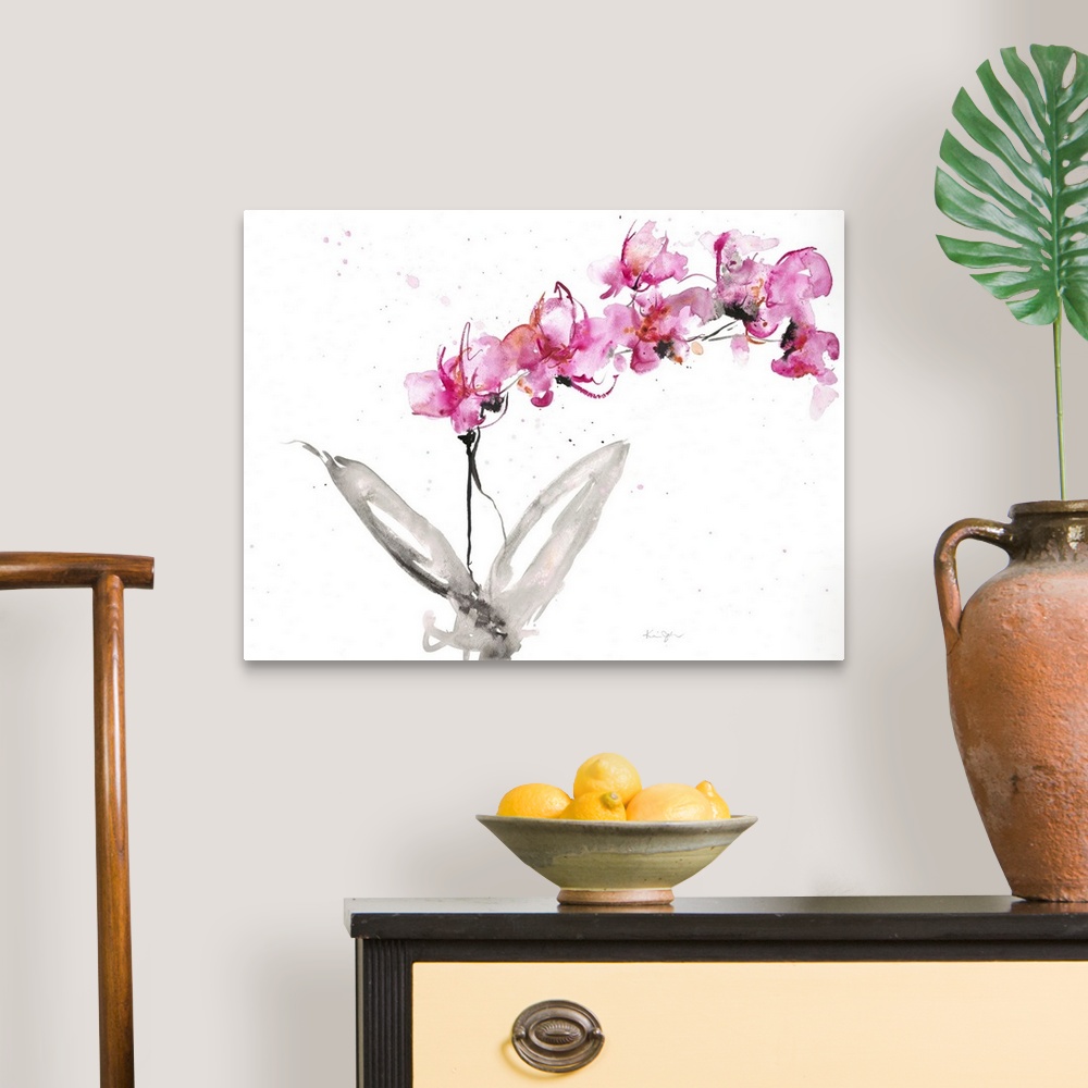A traditional room featuring Contemporary artwork of watercolor painted pink orchids.