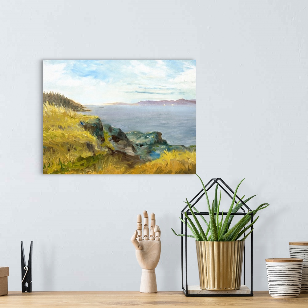 A bohemian room featuring Contemporary artwork of a rocky cliff overlooking the ocean.