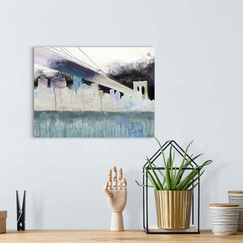 A bohemian room featuring Contemporary artwork of the Manhattan skyline and Brooklyn bridge in an abstract silhouette.