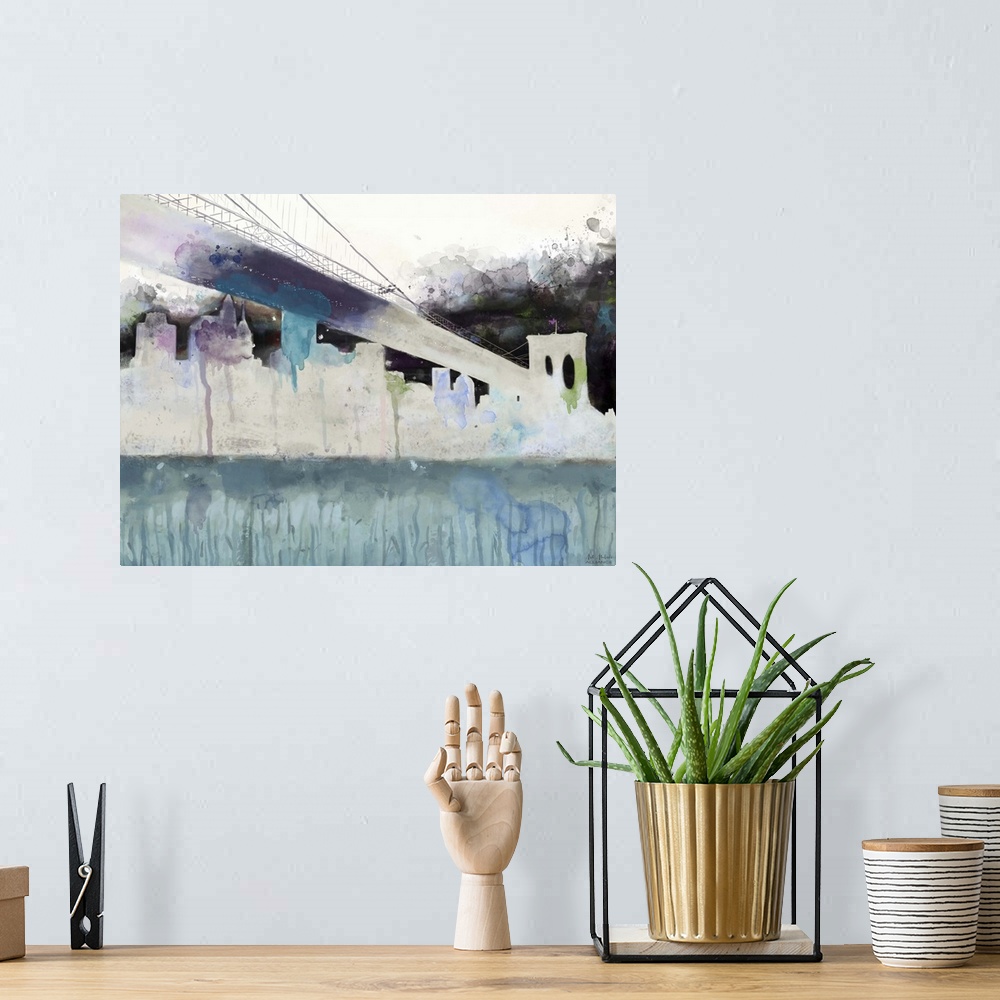 A bohemian room featuring Contemporary artwork of the Manhattan skyline and Brooklyn bridge in an abstract silhouette.
