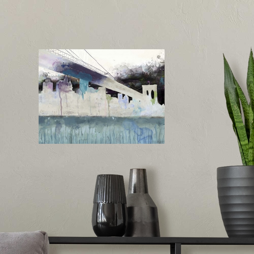 A modern room featuring Contemporary artwork of the Manhattan skyline and Brooklyn bridge in an abstract silhouette.