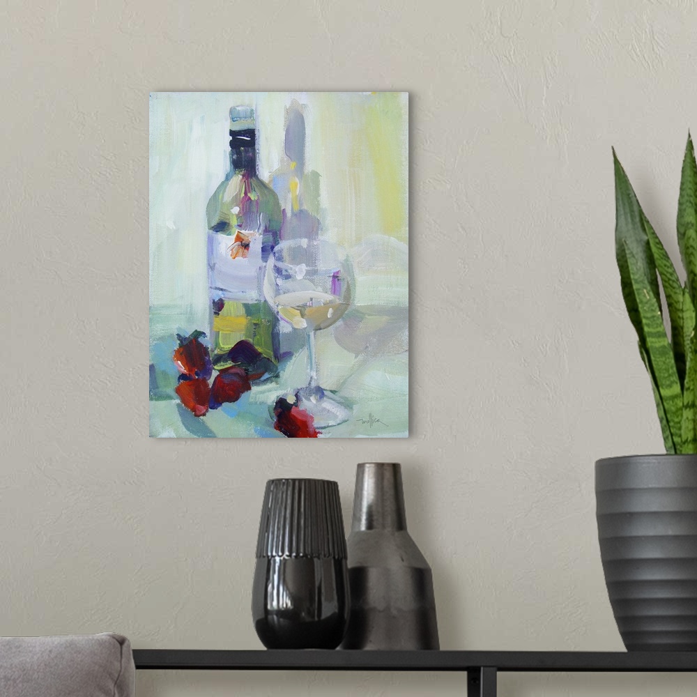 A modern room featuring Contemporary painting of a glass filled with white wine, next to a bottle of white wine.