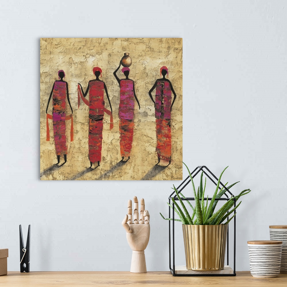 A bohemian room featuring Contemporary painting of tribal female figures in colorful clothing