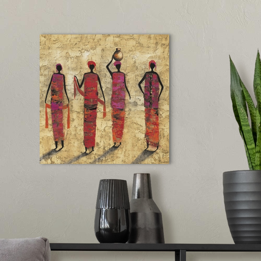 A modern room featuring Contemporary painting of tribal female figures in colorful clothing