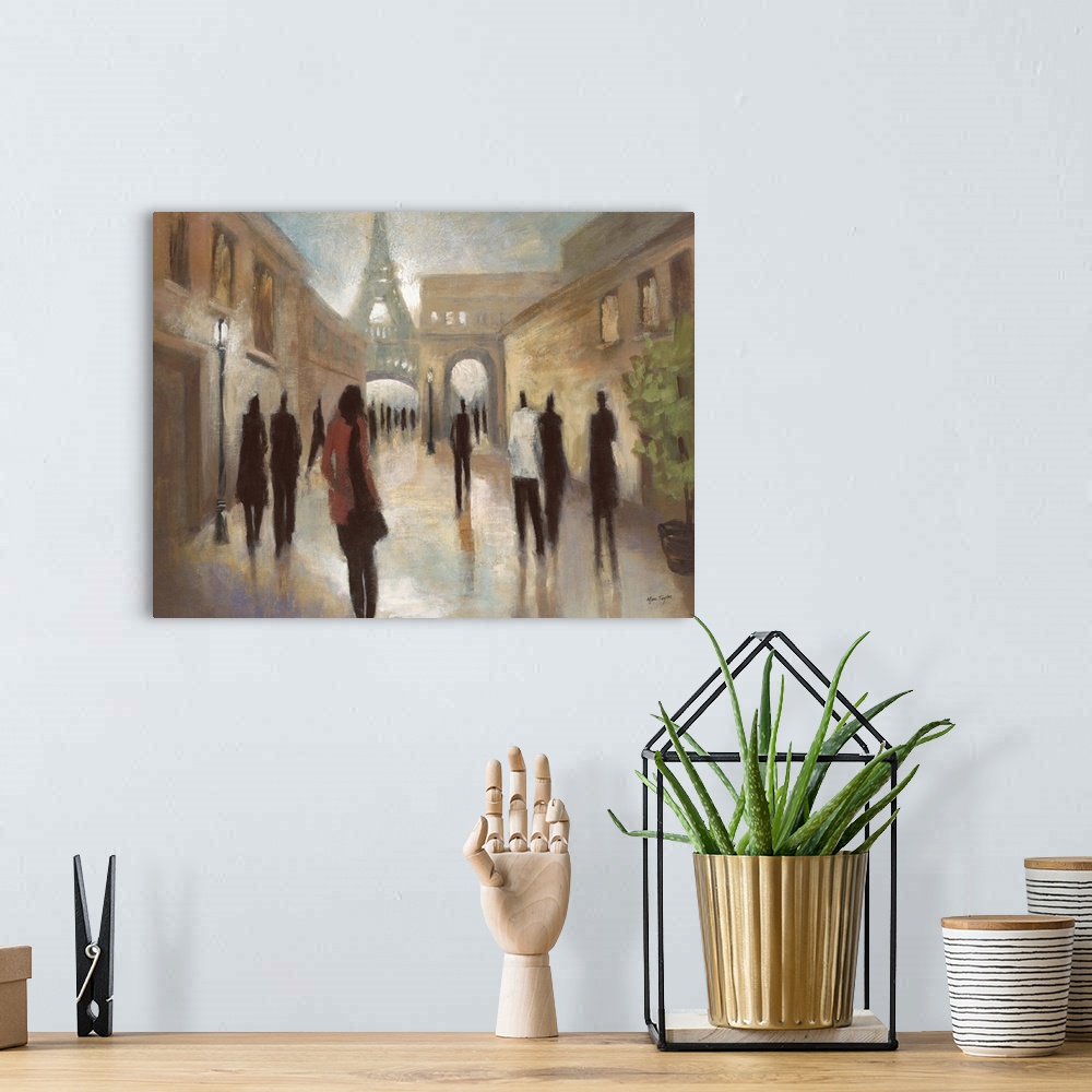 A bohemian room featuring Contemporary painting of elongated figures walking along a Parisian street, with the Eiffel Tower...