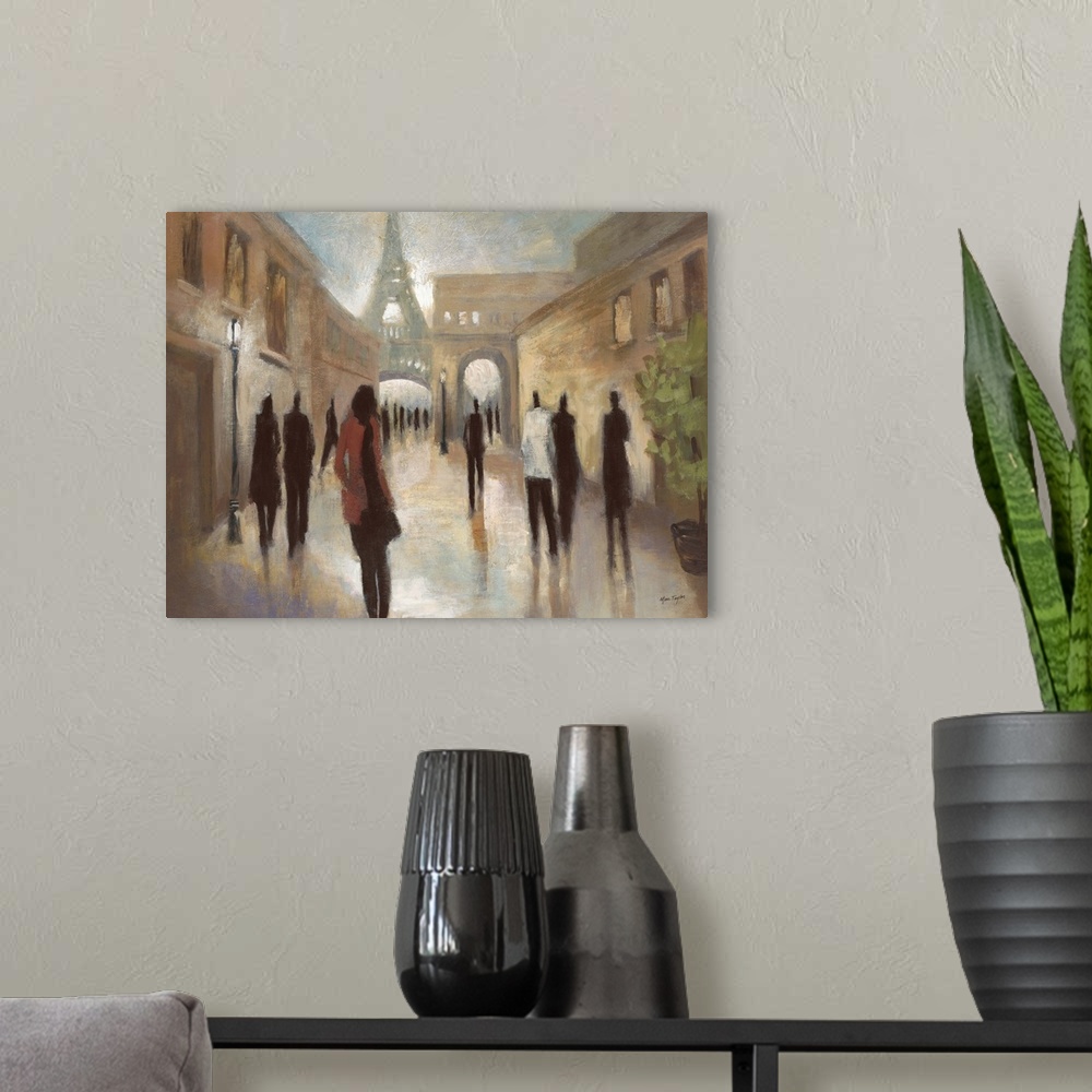 A modern room featuring Contemporary painting of elongated figures walking along a Parisian street, with the Eiffel Tower...