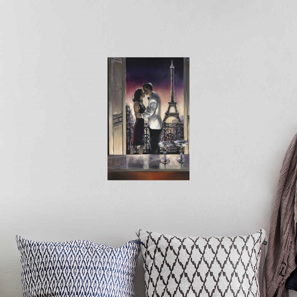 A bohemian room featuring Contemporary painting of a man and woman sharing a kiss on a balcony with the Eiffel tower int he...
