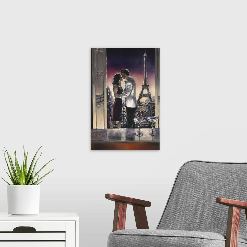 A modern room featuring Contemporary painting of a man and woman sharing a kiss on a balcony with the Eiffel tower int he...