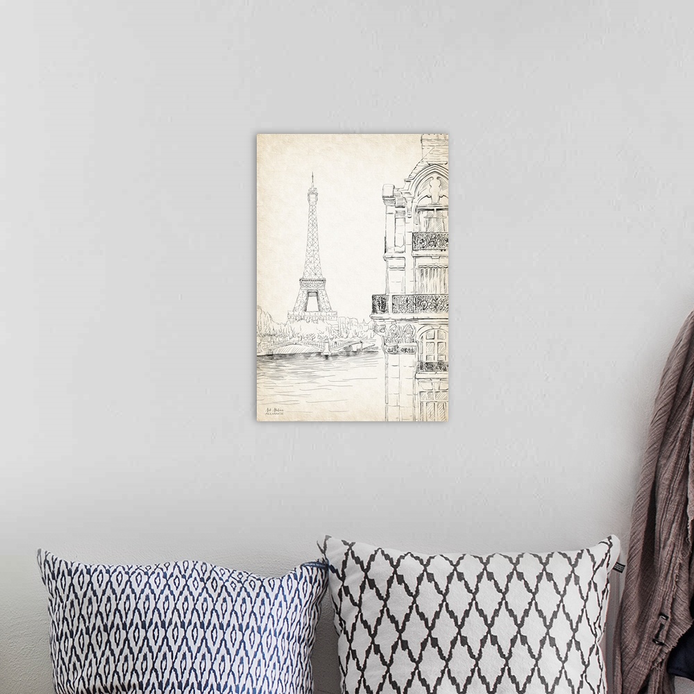 A bohemian room featuring Contemporary illustrative home decor artwork of the Eiffel Tower in Paris from the other side of ...