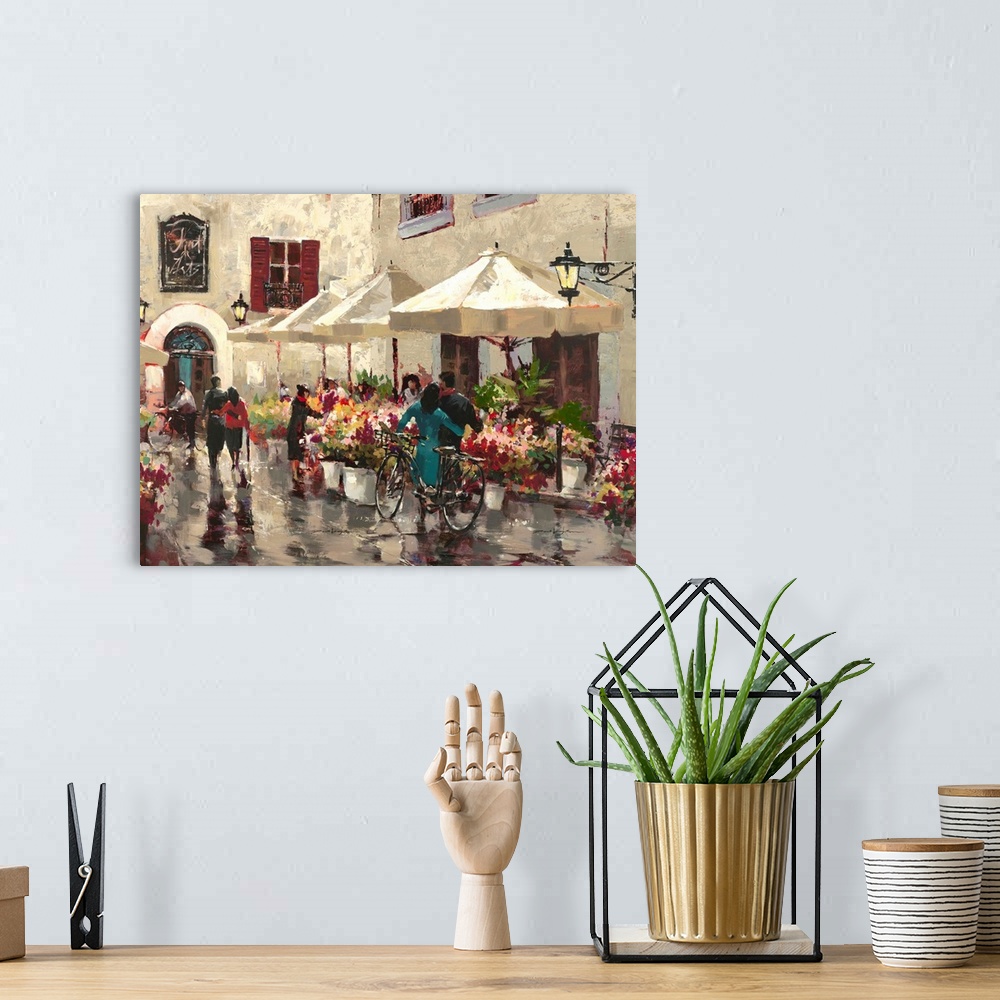 A bohemian room featuring Contemporary painting of people sitting outside at a cafe.