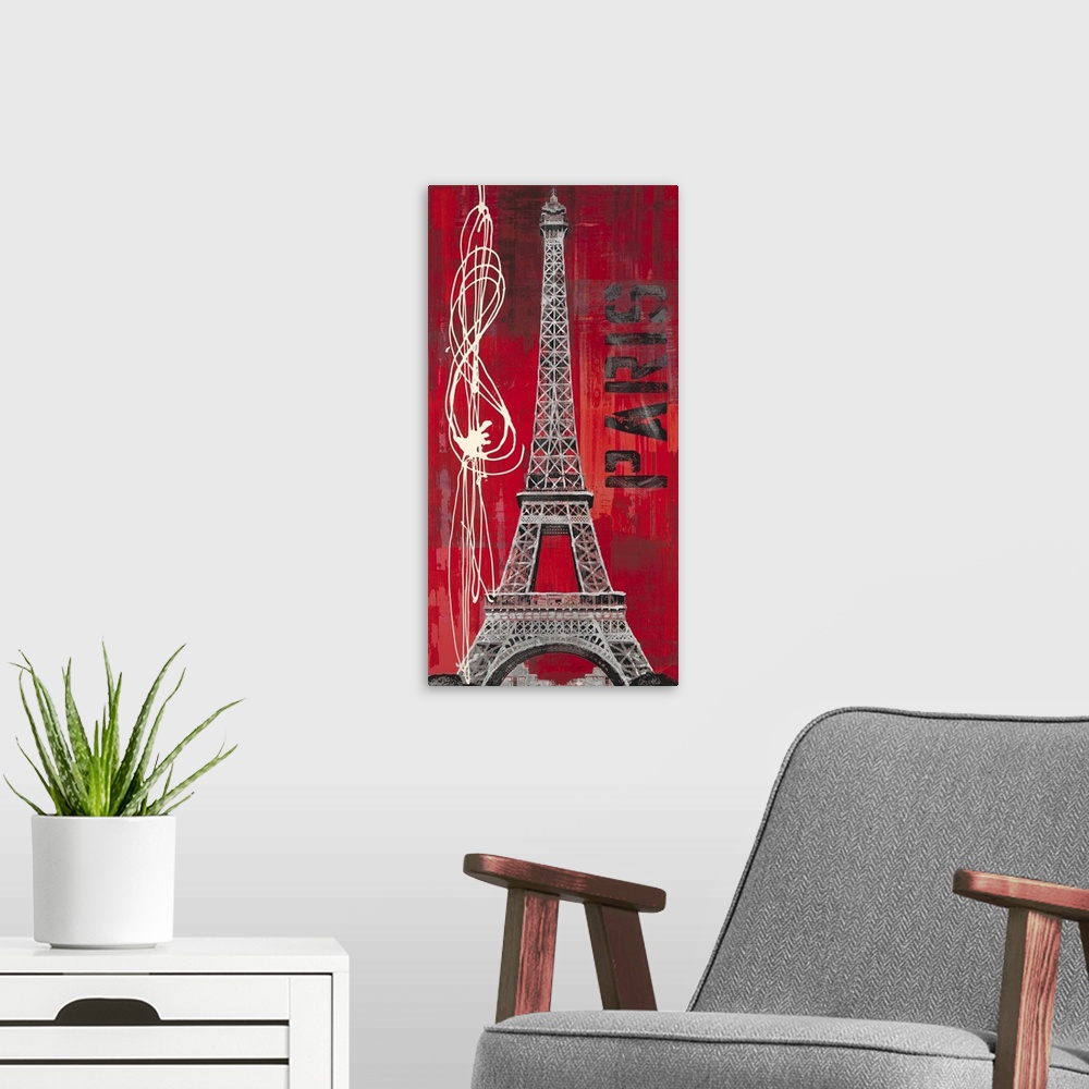 A modern room featuring Urban grunge inspired travel art with Parisian theme