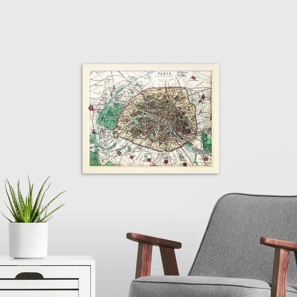 A modern room featuring Vintage map of Paris, France and its surrounding fortifications.