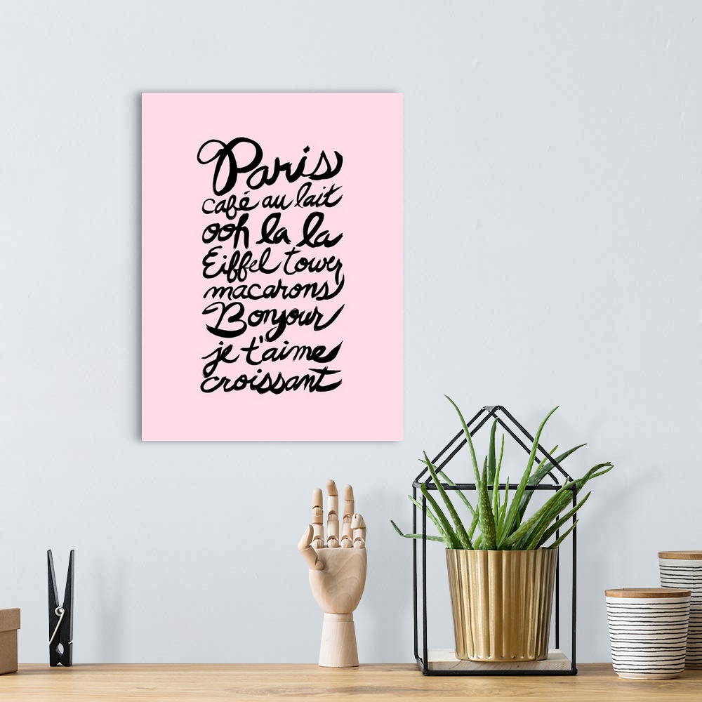 A bohemian room featuring Paris themed French words hand lettered in black on a pastel pink background.