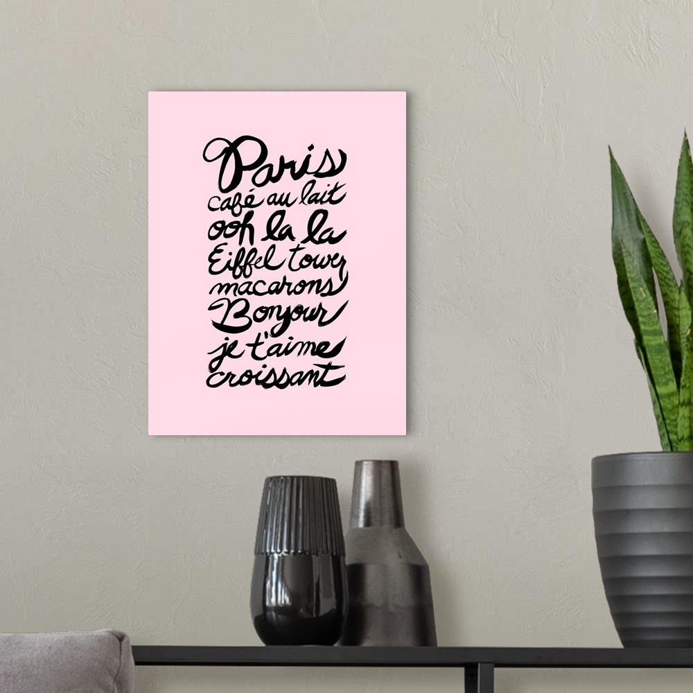 A modern room featuring Paris themed French words hand lettered in black on a pastel pink background.