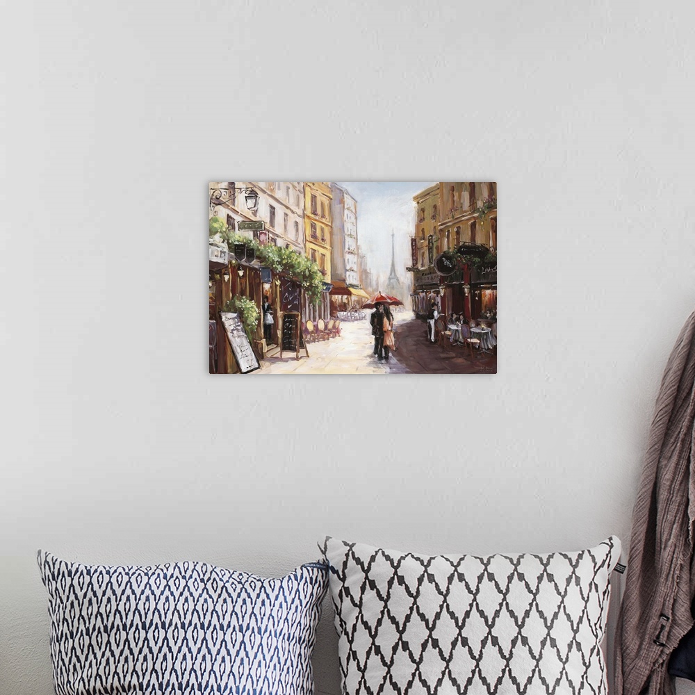 A bohemian room featuring Contemporary artwork of a couple in a loving embrace walking by a cafe in Paris.