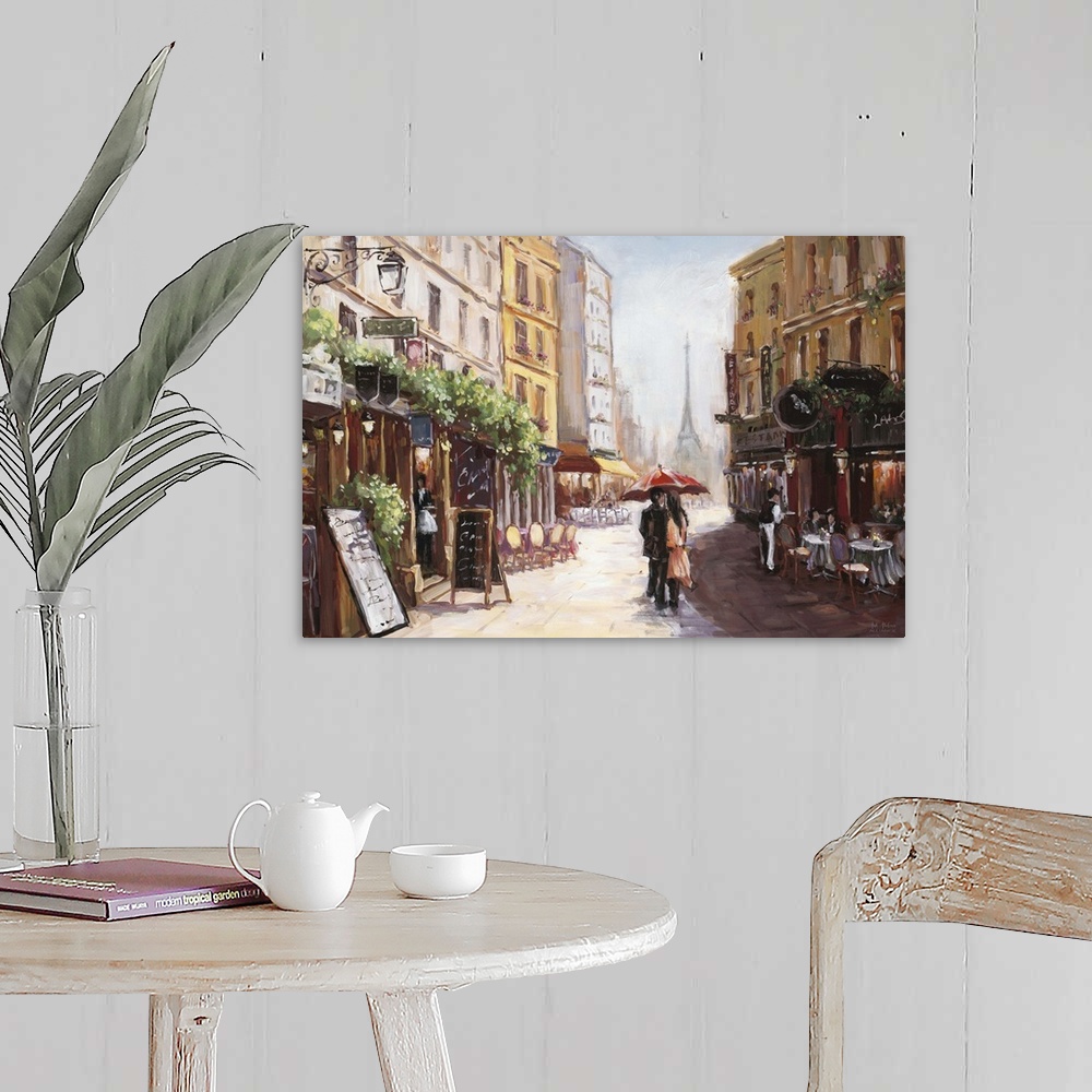 A farmhouse room featuring Contemporary artwork of a couple in a loving embrace walking by a cafe in Paris.