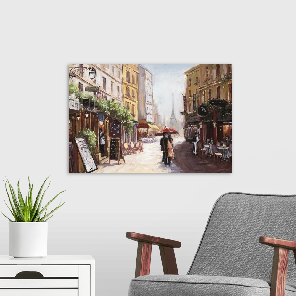 A modern room featuring Contemporary artwork of a couple in a loving embrace walking by a cafe in Paris.