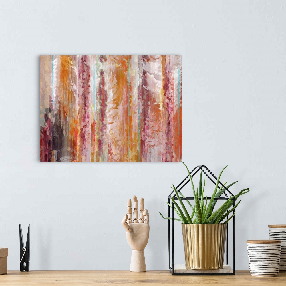 A bohemian room featuring Contemporary abstract painting using fiery warm tones.