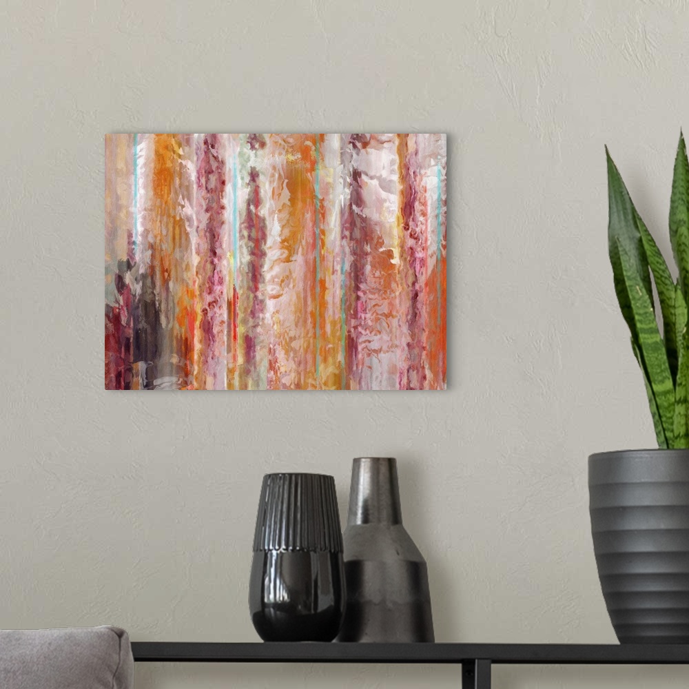 A modern room featuring Contemporary abstract painting using fiery warm tones.