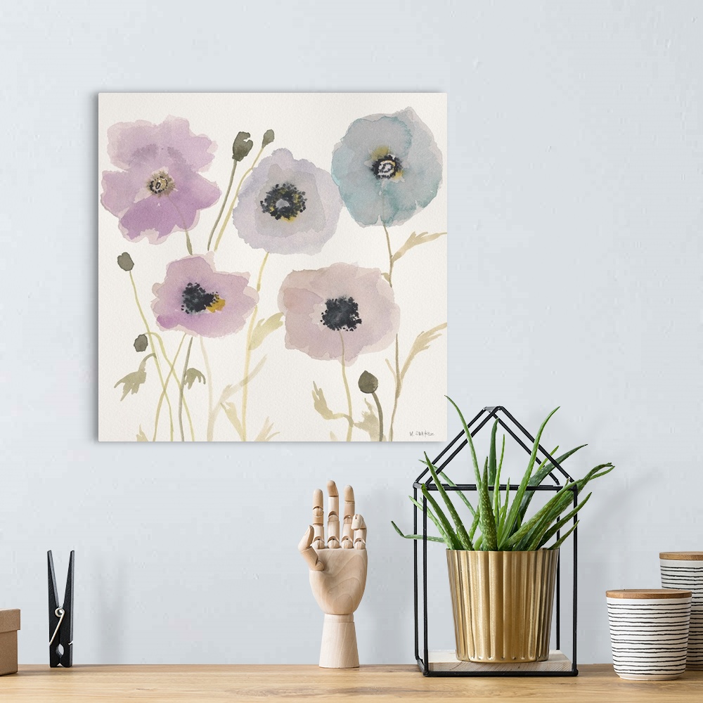 A bohemian room featuring Contemporary painting of a soft pastel colored flowers against a cream background.