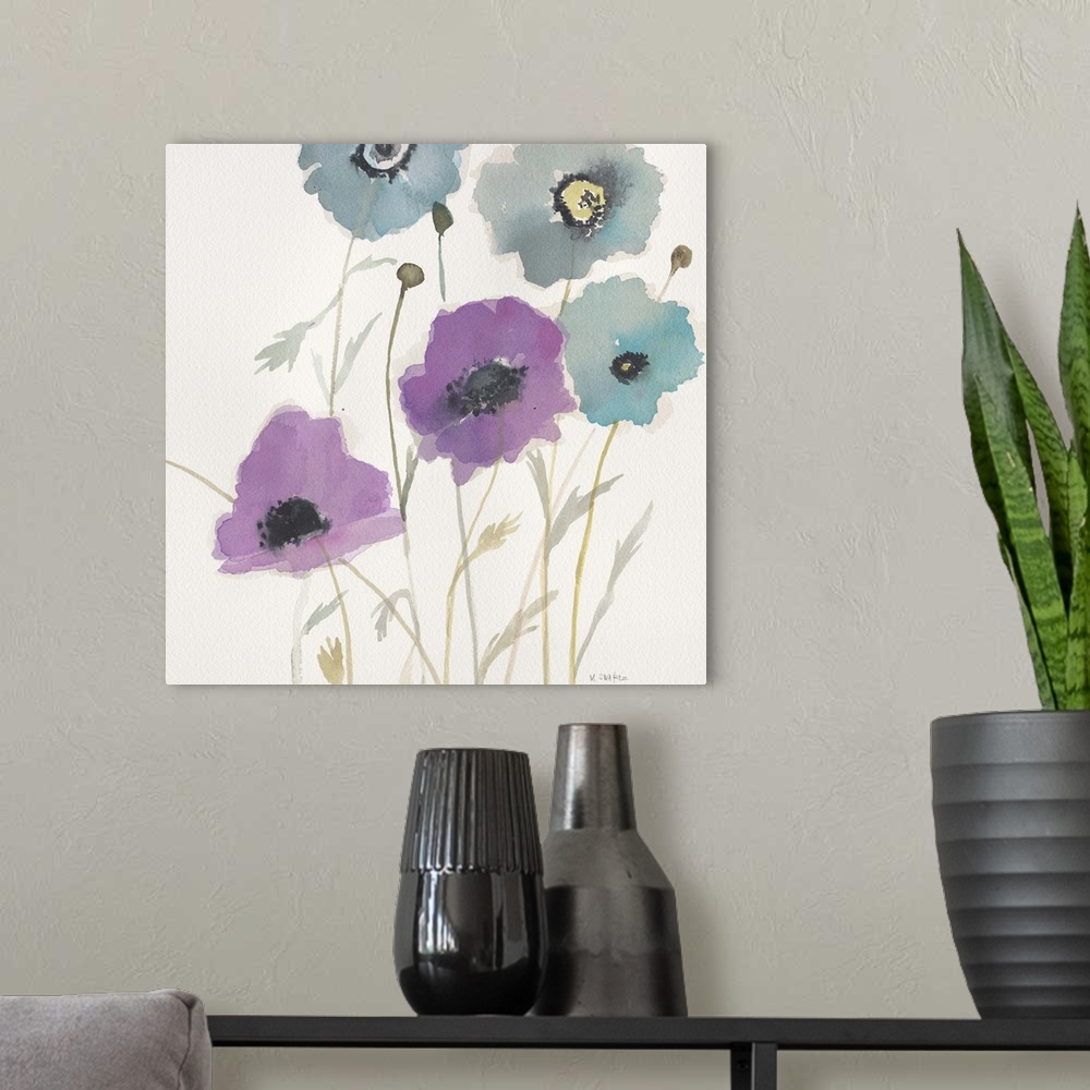 A modern room featuring Contemporary painting of a soft pastel colored flowers against a cream background.